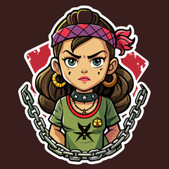 Tshirt sticker of a Rebel Cause Craft a rebellious depicting a girl flaunting a rebellious attitude in a tee adorned with rebellious motifs like graffiti, chains, and barbed wire, sending a message.