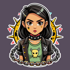 Tshirt sticker of a Rebel Cause Craft a rebellious depicting a girl flaunting a rebellious attitude in a tee adorned with rebellious motifs like graffiti, chains, and barbed wire, sending a message.