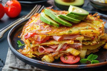 A stack of potato pancakes filled with ham and cheese, topped with avocado slices