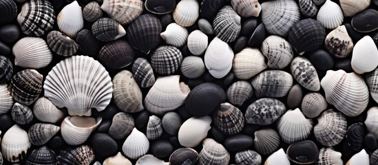 A collection of seashells scattered on the ground, creating a textured composition in black and white. The seashells are varied in shape and size, adding visual interest to the scene.