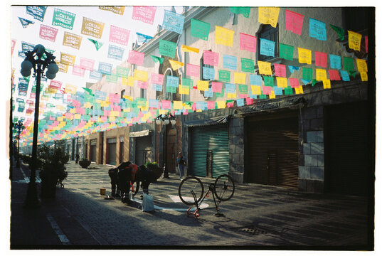 Film lines of colored Bunting in Puebla, Mexico
