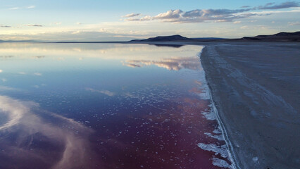 Aerial Beautiful Pink Water of the Great Salt Lake Utah