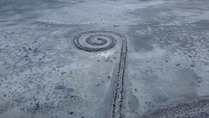 Aerial view of Spiral Jetty Nature Art Sculpture Utah