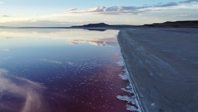 Aerial Beautiful Pink Water of the Great Salt Lake Utah