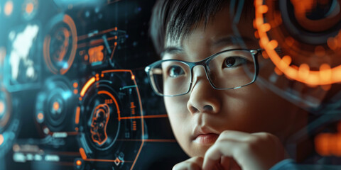 Asian young boy looking and thinking futuristic technological innovation education concept - obrazy, fototapety, plakaty