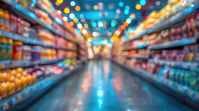 Various products on the blurred supermarket aisle. Generative Ai