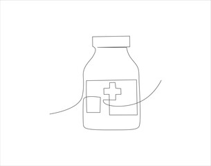 Continuous Line Drawing Of Medicine Bottle. One Line Of Jar Of Pills. Medicine Set Continuous Line Art. Editable Outline.