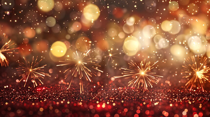 abstract gold, silver and red glitter background with fireworks.