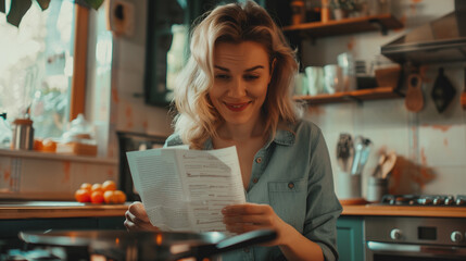 Happy American young woman checks recipe, smiles by a stove with open pot. Domestic joy captured - Powered by Adobe
