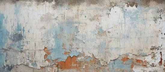 Abwaschbare Fototapete Alte schmutzige strukturierte Wand A concrete wall with peeling layers of blue and orange paint, showing signs of decay and weathering. The rusted surface adds character and texture to the urban setting.