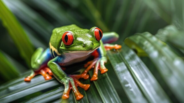 Red-Eyed Amazon Tree Frog captured on camera under a palm. Generative Ai