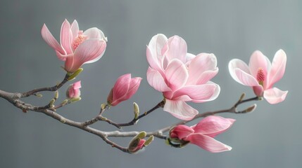 A magnolia tree branch adorned with pink flowers. Generative Ai - obrazy, fototapety, plakaty