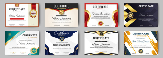 Certificates of achievement template with luxury badge. Eight choice of certificates For award, business, and education needs. Diploma vector template - obrazy, fototapety, plakaty