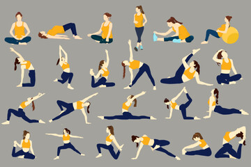 hand drawn element bundels girls doing workout meditation and exercise fitness and yoga collection