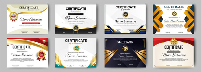 Certificates of completion template with luxury badge and modern line and shapes. Horizontal certificate For award, business, and education needs. Diploma vector template - obrazy, fototapety, plakaty
