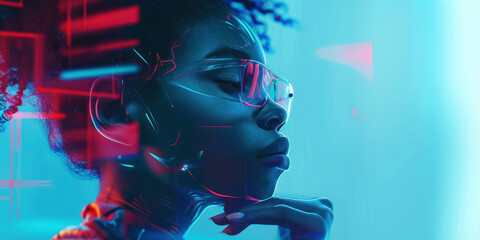 Black woman Wear glasses of virtual reality with Futuristic with Dynamic Light Motion Technology, Science, and Design Concept - obrazy, fototapety, plakaty