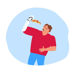 man with artificial bionic arm prosthesis eats delicious pepperoni pizza slice vector illustration