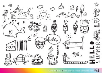 Collection of hand drawn cute doodles,Doodle children drawing,Sketch set of drawings in child style,Funny Doodle Hand Drawn,Page for coloring, cute animal