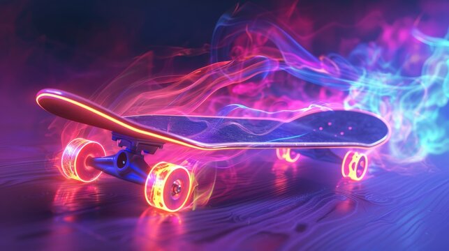 A skateboard with glowing wheels and neon trails on a wooden floor, depicting motion and energy.