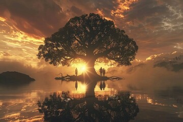 A serene sunset backdrop with a tree's silhouette and people's reflections in the water, creating a tranquil scene. - obrazy, fototapety, plakaty