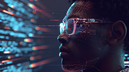 Black Man Wear glasses of virtual reality with Futuristic Fiber Optics Space with Dynamic Light Motion Technology, Science, and Design Concept - obrazy, fototapety, plakaty