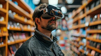 Adult man using a virtual reality headset in a retail store, engaging with digital technology.