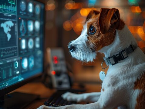 A Jack Russell Terrier dog wearing a collar intently uses a computer, symbolizing smart technology and pets. - Powered by Adobe