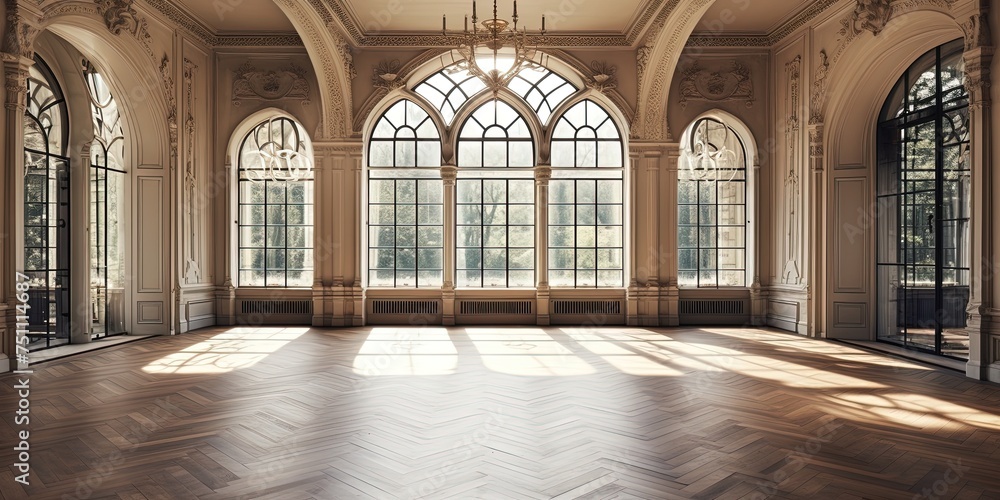 Poster a room with arched windows that allow warm natural light to flood in, illuminating the wooden floor 