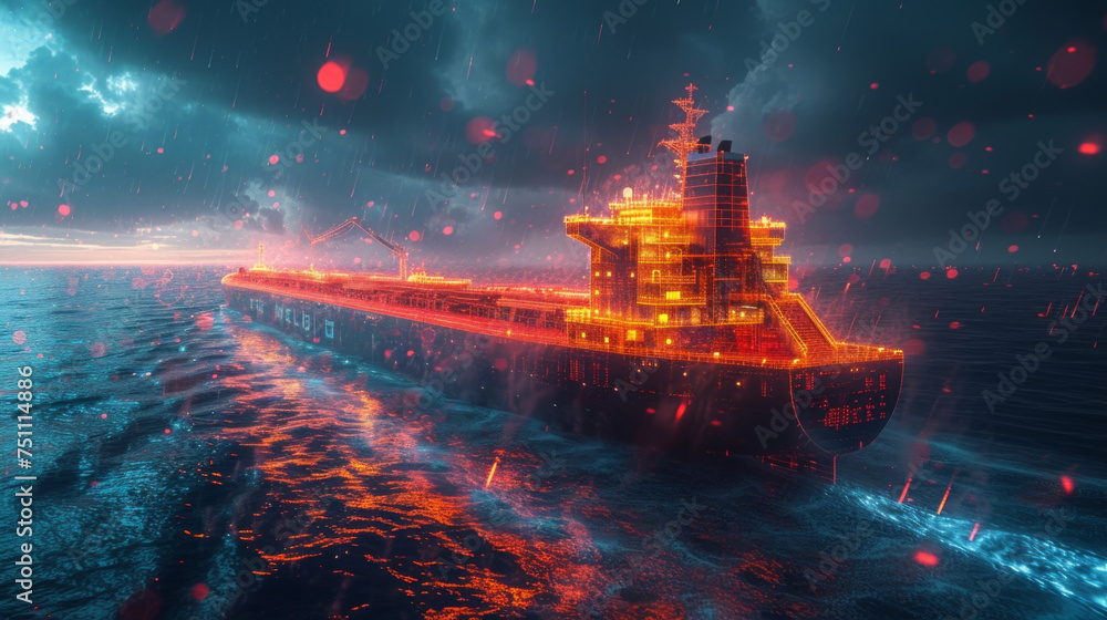 Aufkleber a futuristic cargo ship sailing through a digital ocean with data streams representing trade flows b
