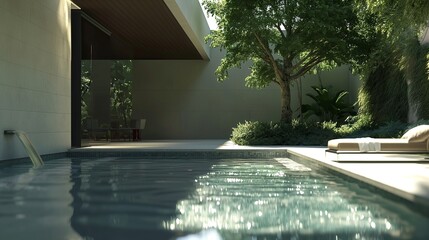 Elegance in simplicity as a minimalist pool design takes center stage, framed by upscale landscaping and bathed in natural sunlight - obrazy, fototapety, plakaty