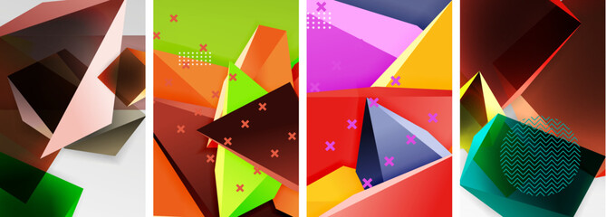 Trendy low poly 3d triangle shapes and other geometric elements background designs for wallpaper, business card, cover, poster, banner, brochure, header, website