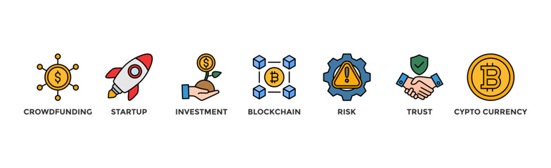 ICO banner web icon vector illustration concept of initial coin offering with icon of crowdfunding, startup, investment, blockchain, risk, trust and cypto currency	