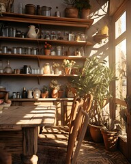 Fototapeta na wymiar Interior of a rustic kitchen with wooden furniture and plants.