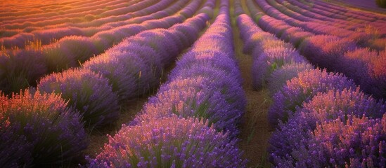 A vast field of lavender flowers is illuminated by the warm hues of a setting summer sun in the background. The rows of lavender stretch out elegantly, creating a picturesque scene under the vibrant