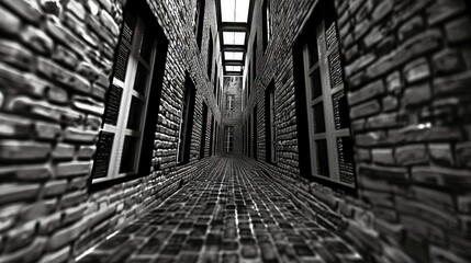 Narrow brick alleyway with perspective leading to a bright window, offering a metaphor for hope.