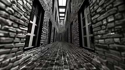 Photo sur Plexiglas Ruelle étroite Narrow brick alleyway with perspective leading to a bright window, offering a metaphor for hope.