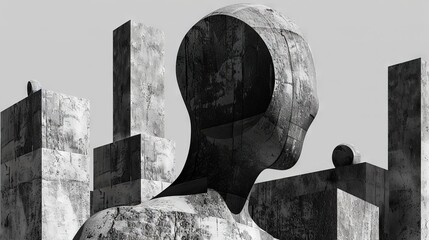 Abstract geometric shapes forming a human profile against a sky, depicting urban minimalism.