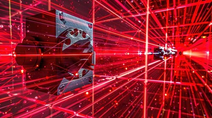 A network of red laser lines creates a complex web, symbolizing connectivity, technology, or neural networks.