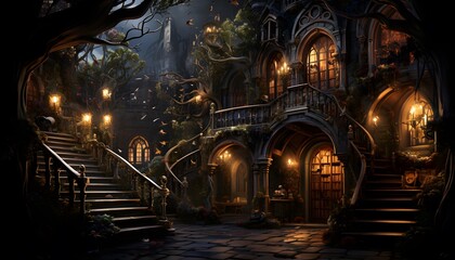 Illustration of a fairy-tale house in the forest at night - obrazy, fototapety, plakaty
