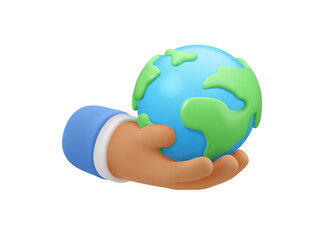 Hand holding Earth icon. Vector 3d cartoon planet in arm. Save the planet environment concept.