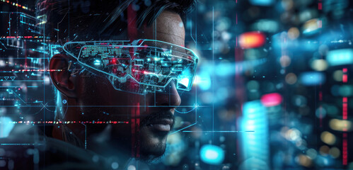 Man Wear glasses of virtual reality with Futuristic Fiber Optics Space with Dynamic Light Motion Technology, Science, and Design Concept Illustration