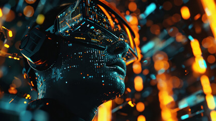 Man Wear glasses of virtual reality with Futuristic Fiber Optics Space with Dynamic Light Motion Technology, Science, and Design Concept Illustration