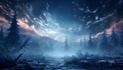 Poster Fantasy landscape. Night forest with fog and moon. 3d illustration © Iman