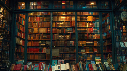 The windows of the bookshop boast an impressive arrangement of books creating an alluring mosaic of titles and genres.