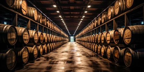 Fotobehang Whiskey, bourbon, scotch barrels in an aging facility. © Coosh448