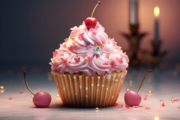 Close-up of cupcake cake with cream berries and flowers,  generated by AI. 3D illustration - obrazy, fototapety, plakaty