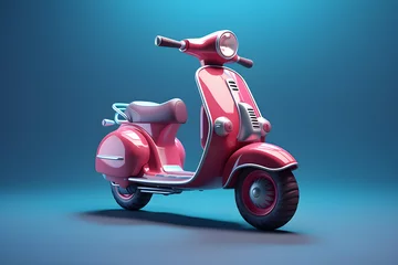 Tuinposter Close-up of an  pink  moped in retro style on a blue background,  generated by AI. 3D illustration © Виталий Сова