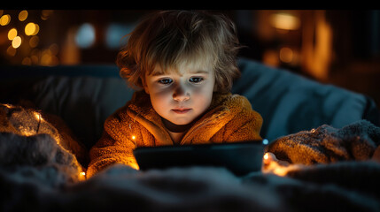 Fototapeta premium A little boy playing with his tablet at night before bed