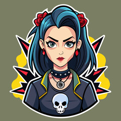 Tshirt sticker of a Rebel Chic Illustrate rebellious yet chic sticker featuring a girl with attitude wearing a tee adorned with edgy motifs like skulls, roses, or abstract designs, conveying a sense 