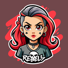 Tshirt sticker of a Rebel Chic Illustrate rebellious yet chic sticker featuring a girl with attitude wearing a tee adorned with edgy motifs like skulls, roses, or abstract designs, conveying a sense 